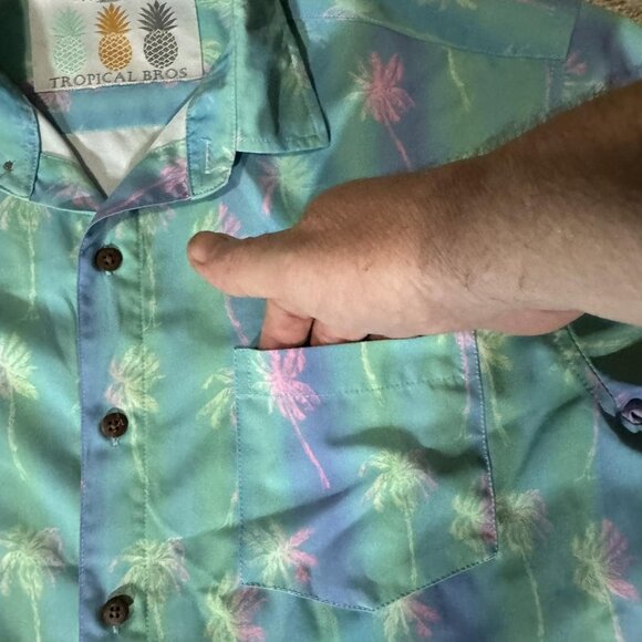 Tropical Bros Shirt Mens Medium Blue Green Palm Tree Hawaiian Aloha Button Up - Picture 3 of 7